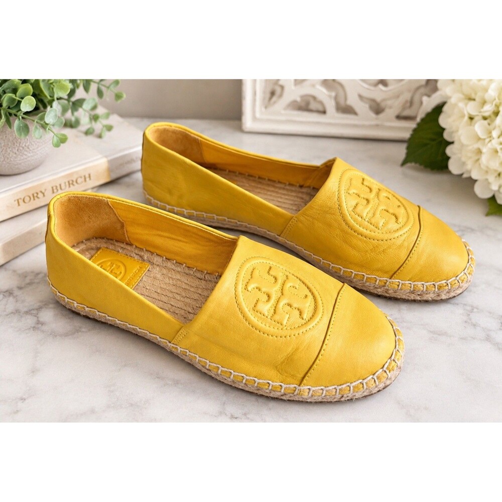 Tory Burch Ines Espadrille 81277 Yellow Gold Leather Logo Flats Size 6